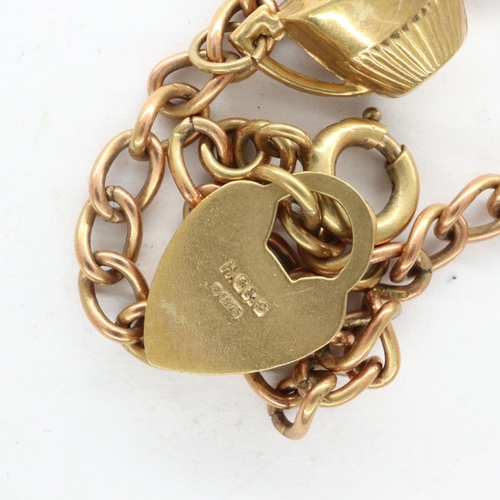 2 - 9ct gold charm bracelet with padlock clasp and three 9ct gold charms, L: 18 cm, 9.6g. UK P&P Group 0... 