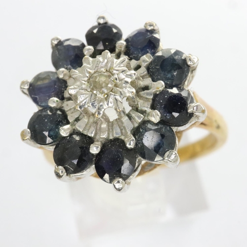 24 - 9ct gold cluster ring set with diamond and sapphires, size O, 4.3g. UK P&P Group 0 (£6+VAT for the f... 
