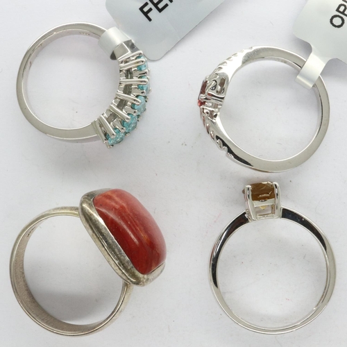 68 - Four TGGC and Gemporia 925 silver stone set rings, including Topaz, mixed sizes. UK P&P Group 0 (£6+... 