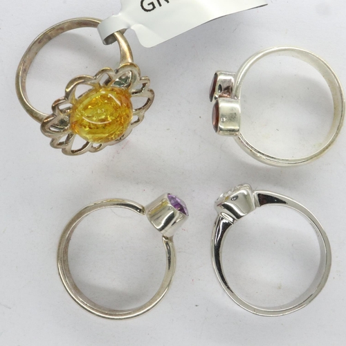 75 - Four TGGC and Gemporia 925 silver stone set rings, including amethyst, mixed sizes. UK P&P Group 0 (... 