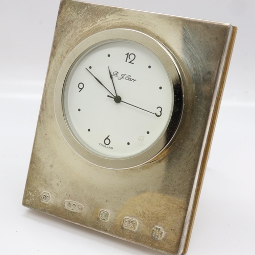 90 - Hallmarked silver R. J. Carr desk clock, Sheffield assay, not working at lotting, boxed, H: 70 mm. U... 