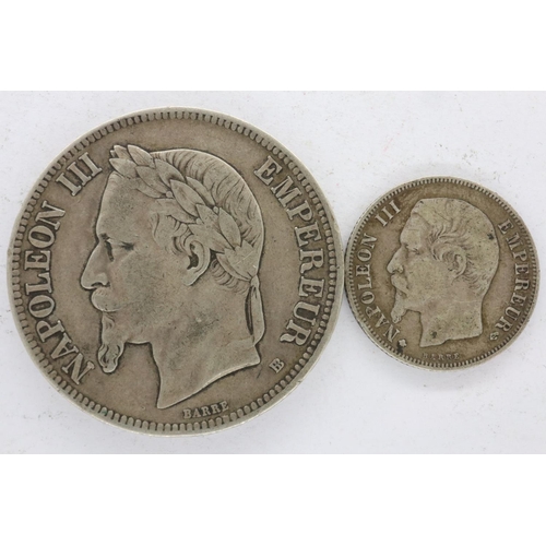 126 - 1869 Napoleon III five Franc and a 1856 1 Franc. UK P&P Group 1 (£16+VAT for the first lot and £2+VA... 