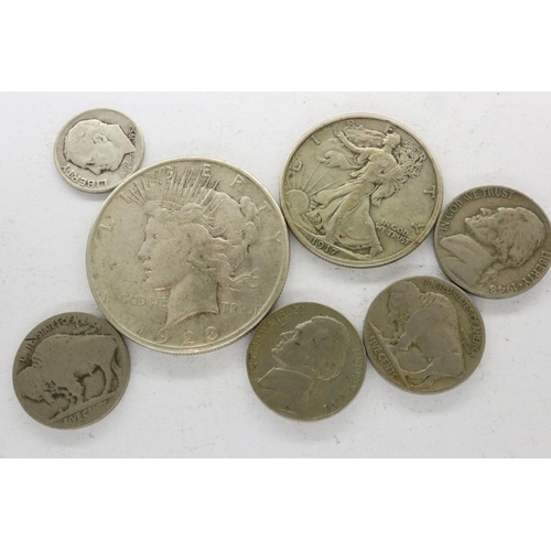 138 - 1923 American peace dollar and other American coins. UK P&P Group 1 (£16+VAT for the first lot and £... 