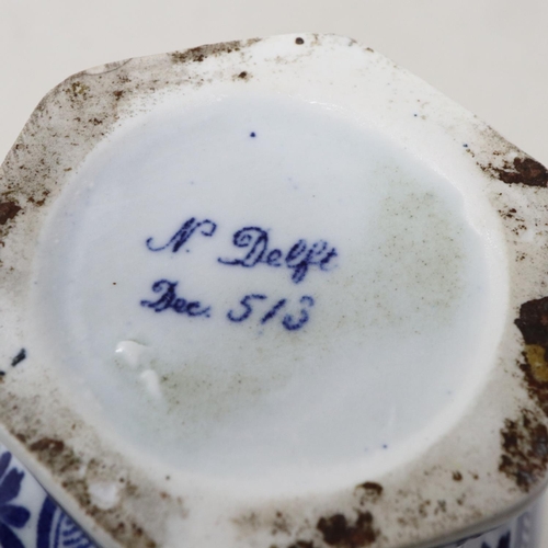 164 - Antique Delft blue and white vase, stamped Dec 513 to base, pitting throughout, chip and small crack... 