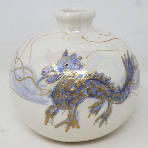 201 - Anita Harris lustre vase in the Dragon pattern, signed in gold, no cracks or chips, H: 11 cm. UK P&P... 