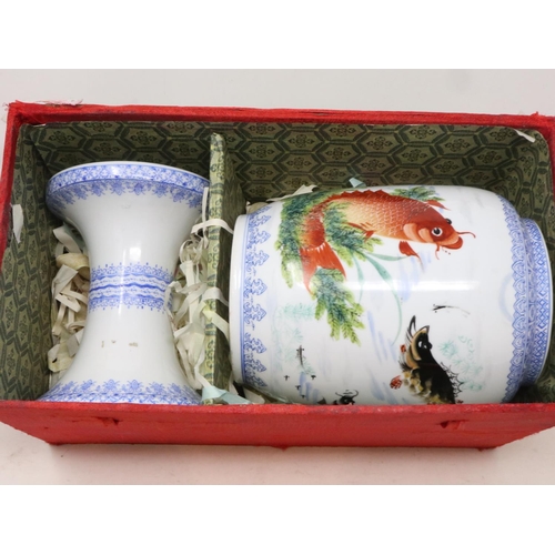 246 - Chinese 20th century eggshell porcelain lamp and stand, decorated with carp, in original box, H: 29 ... 