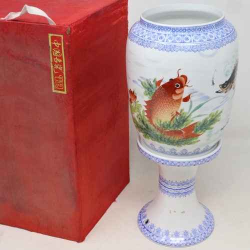 246 - Chinese 20th century eggshell porcelain lamp and stand, decorated with carp, in original box, H: 29 ... 