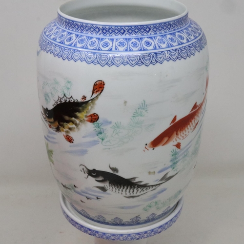 246 - Chinese 20th century eggshell porcelain lamp and stand, decorated with carp, in original box, H: 29 ... 