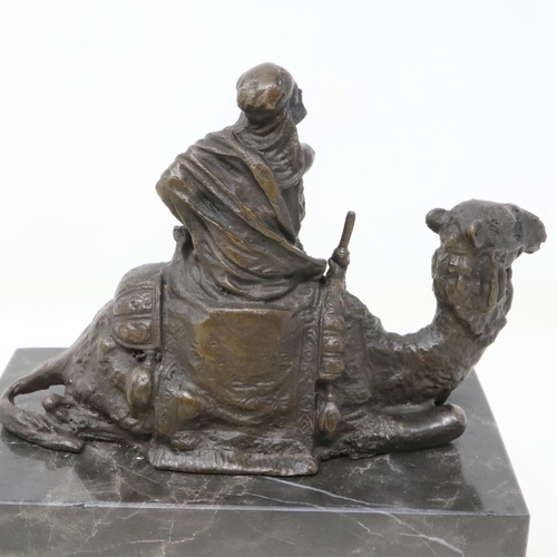 264 - Bronze sculpture of a man riding a  camel on a marble base, H: 17 cm. UK P&P Group 2 (£20+VAT for th... 