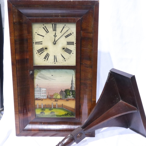 269 - Mahogany cased wall clock by Chauncy Jerome, Connecticut, requires attention, H: 110 cm. Not availab... 