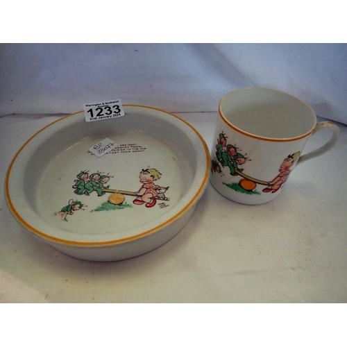 1233 - Mabel Lucie Attwell for Shelley cup and bowl, hair line crack down cup. UK P&P Group 2 (£20+VAT for ... 