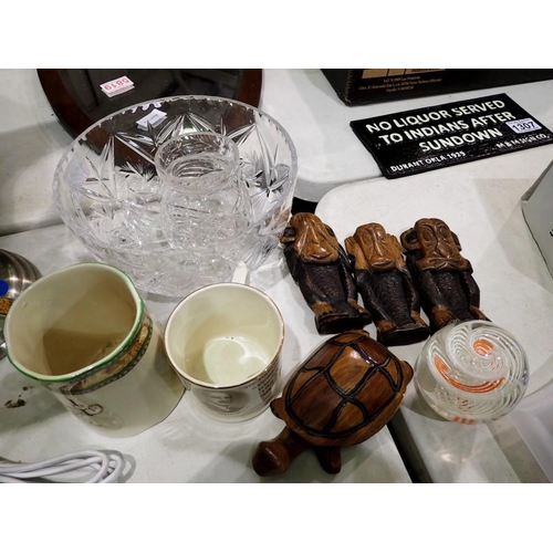 1309 - Small collection of treen, two mugs and a paperweight. Not available for in-house P&P