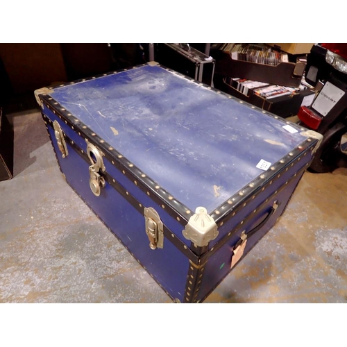 1337 - Leather bound blue steamer trunk. Not available for in-house P&P