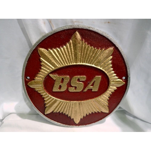 1380 - Cast iron BSA circular wall plaque. D: 25 cm. UK P&P Group 1 (£16+VAT for the first lot and £2+VAT f... 