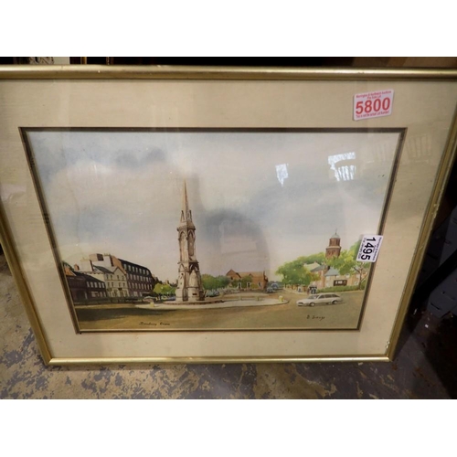 1495 - Framed watercolour of Bamburgh Cross. Not available for in-house P&P