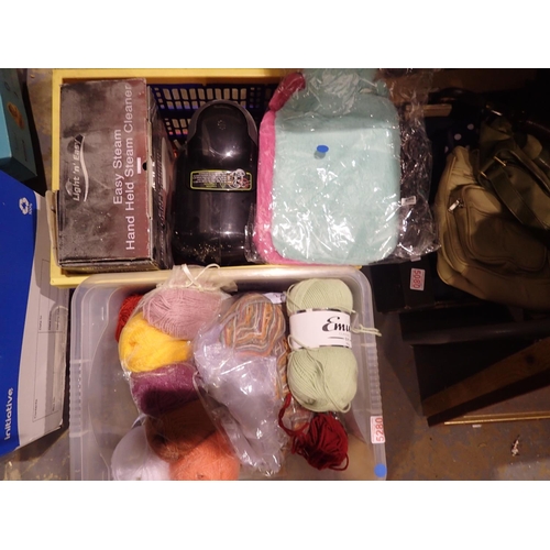 1421 - Two boxes of mixed items, including wool.  All electrical items in this lot have been PAT tested for... 