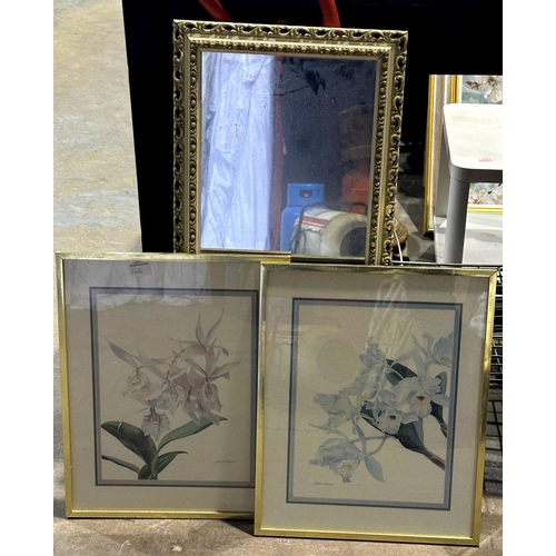 1414 - Pair of gilt framed prints and a mirror in an ornate white frame, largest 93 x 40cm. Not available f... 