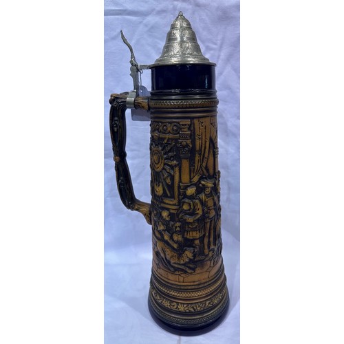 174A - Gerzit 1.5L German stein with pewter lid decorated with a tavern scene, blue glazing to top and base... 