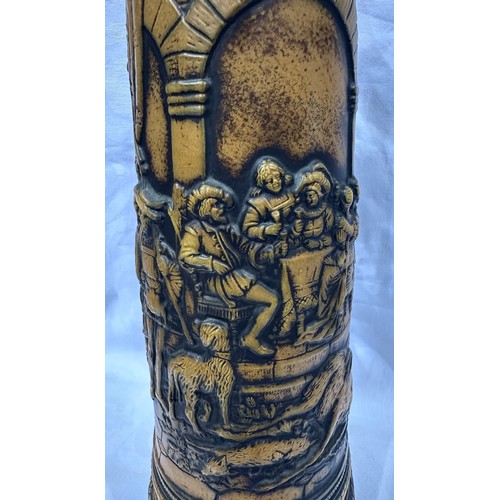 174A - Gerzit 1.5L German stein with pewter lid decorated with a tavern scene, blue glazing to top and base... 