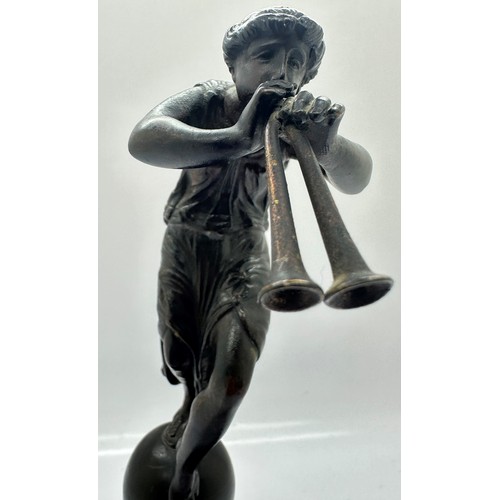 264A - Bronze miniature of a man playing a horn, H:17cm. UK P&P Group 2 (£20+VAT for the first lot and £4+V... 