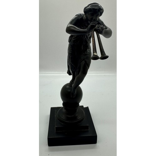 264A - Bronze miniature of a man playing a horn, H:17cm. UK P&P Group 2 (£20+VAT for the first lot and £4+V... 