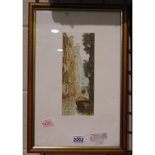 2002 - Ugo Baracco (Italian, b. 1949): limited edition coloured aquatint, Venetian Canal, signed in pencil,... 