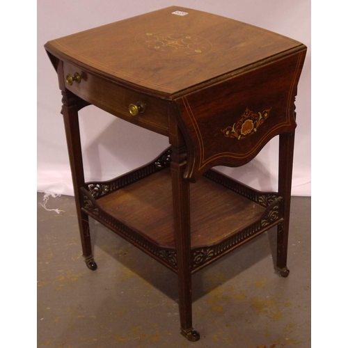 2070 - A late Victorian/Edwardian inlaid rosewood lamp table, with two shaped drop leaves, single drawer an... 