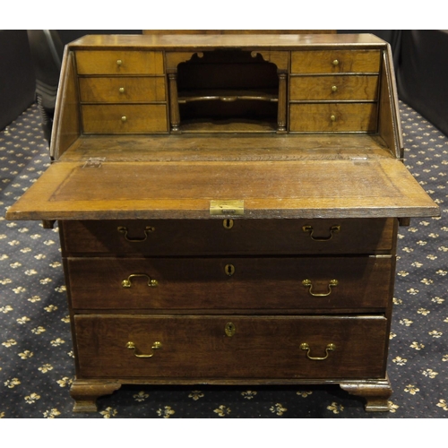 2075 - George II oak fall front bureau with fitted interior, for restoration, 90 x 54 x 104 cm H