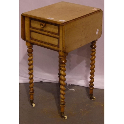 2080 - A Victorian Birdseye maple pot cupboard, with fall front and two drop-leaves, raised on twist suppor... 