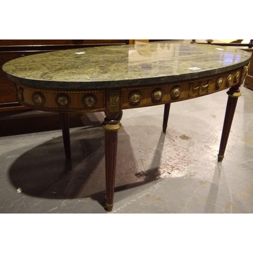 2082 - 20th century inlaid kingwood oval centre table, with green marble top and Limoges ceramic mounts, si... 