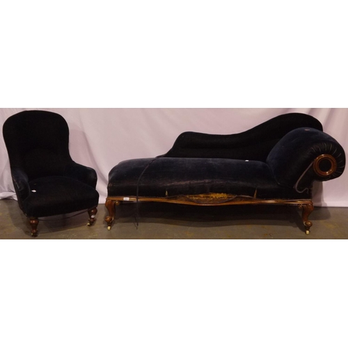 2091 - A Victorian upholstered chaise longue, L: 173 cm, and a matching low seated chair