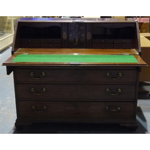 2097 - George III mahogany bureau, having an inlaid fitted interior, fall-front and four graduating long dr... 