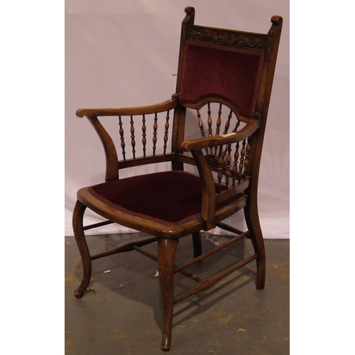 2098 - A late Victorian elbow chair with turned and carved frame, impressed M or W to underside, legs/arms ... 