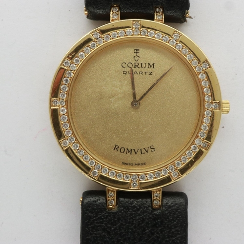 149 - CORUM ROMULUS: 18ct gold cased wristwatch with diamond set bezel on a black leather strap, not worki... 