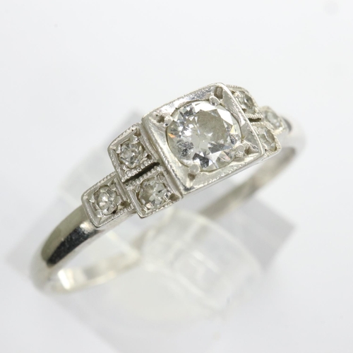 84 - 18ct white gold platinum set Art Deco diamond ring with diamond shoulders, size Q, 2.5g. UK P&P Grou... 