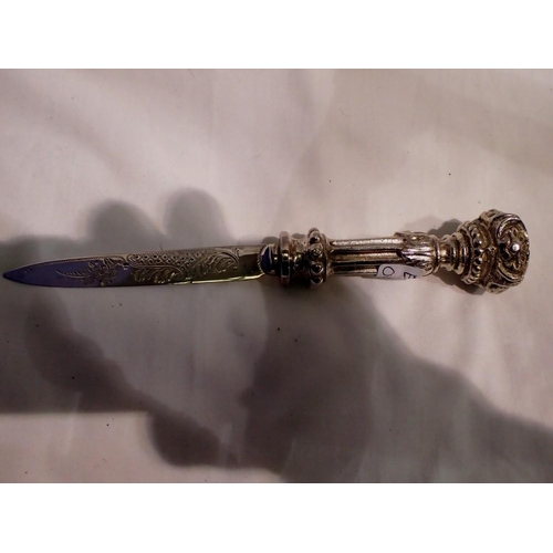 1066 - Silver plated bladed letter opener with white metal handle. UK P&P Group 1 (£16+VAT for the first lo... 