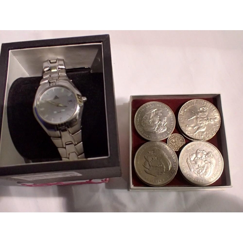 1068 - Commemorative crowns, two silver threepences and an Adidas watch. UK P&P Group 1 (£16+VAT for the fi... 