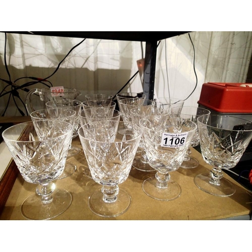 1106 - Fourteen stuart crystal wine glasses and a jug, H: 12.5 cm. Not available for in-house P&P