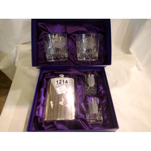 1214 - Two Edinburgh Crystal tumblers, two shot glasses and a hipflask, boxed. UK P&P Group 2 (£20+VAT for ... 