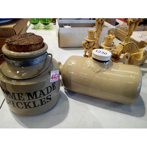 1230 - Stoneware hot water bottle and a stoneware homemade pickle jar. Not available for in-house P&P