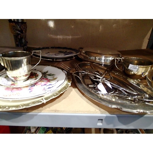 1353 - Tray of mixed flatware including plated items, ceramics and collectables. Not available for in-house... 