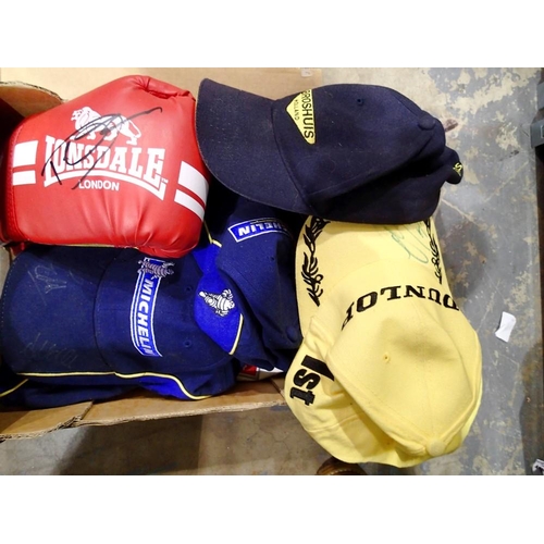 1397 - Mixed sporting caps, some signed and a boxing glove signed by Dolph Lundgren. Not available for in-h... 