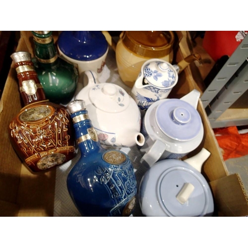 1400 - Five ceramic teapots with three Spode whiskey bottles and a Sefton pottery jug. Not available for in... 