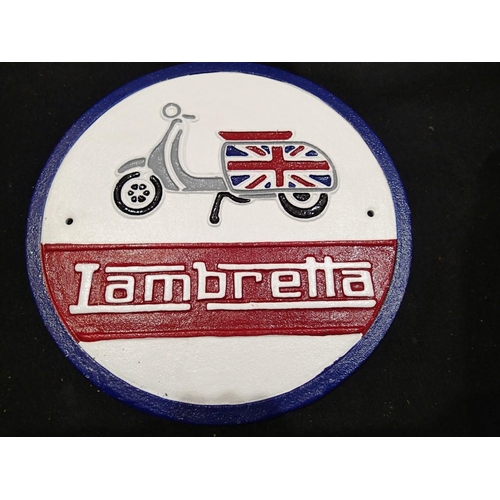 1417 - Cast iron Lambretta wall plaque. UK P&P Group 1 (£16+VAT for the first lot and £2+VAT for subsequent... 