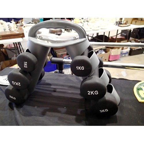 1423 - Set of six dumbbells on stand. Not available for in-house P&P