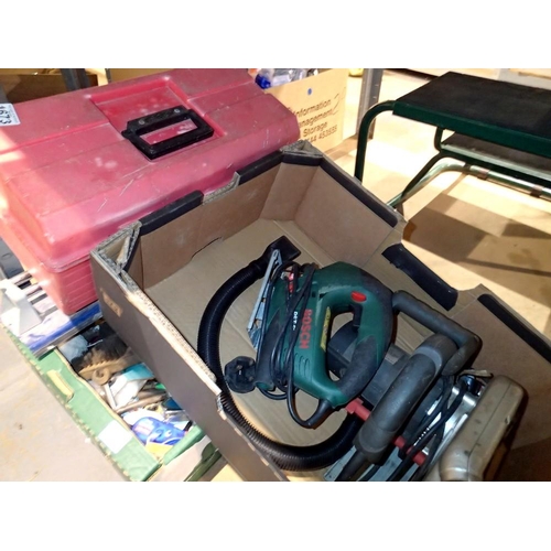 1673 - Two boxes of power tools and hand tools. Not available for in-house P&P