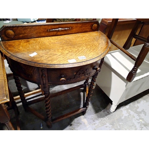 1529 - Victorian oak single drawer demi-lune console table. Not available for in-house P&P