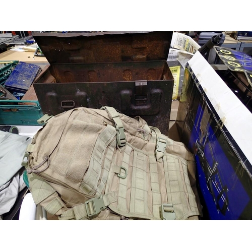 1684 - Large ammo box and army rucksack. Not available for in-house P&P