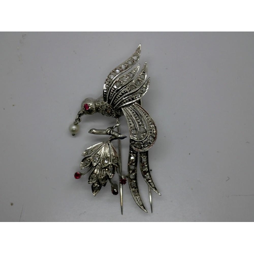 62 - Early 20th century white gold bird form brooch set with diamonds and rubies, H: 60 mm, 14.4g, mark i... 