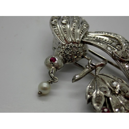 62 - Early 20th century white gold bird form brooch set with diamonds and rubies, H: 60 mm, 14.4g, mark i... 